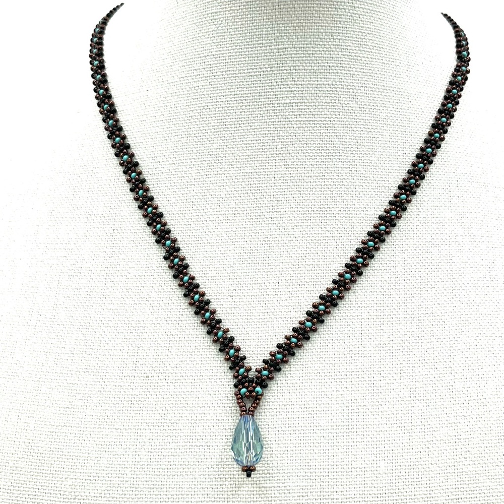 Hand Crafted Beaded Necklace with Aqua Pendant - Picture 2 of 11